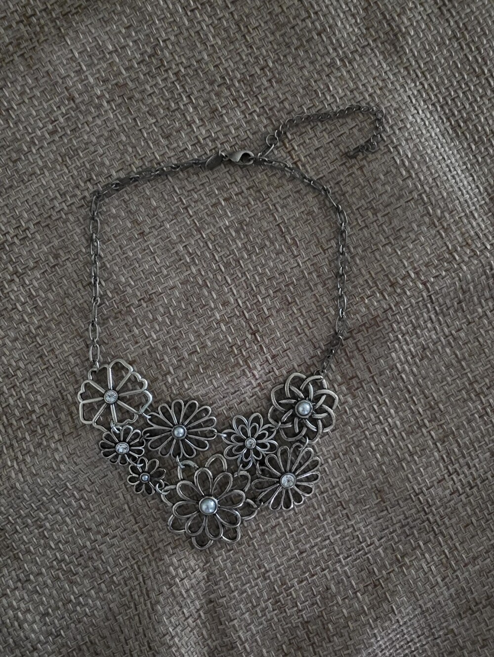 Floral Metal Statement Necklace - Silver Tone